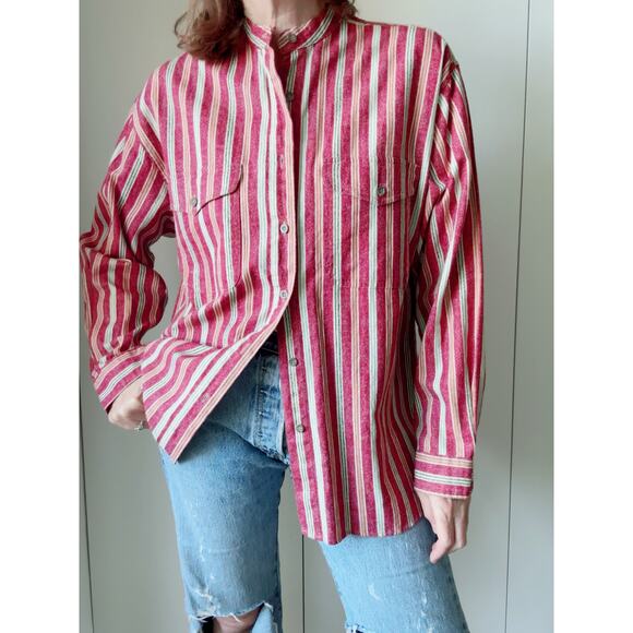 Vintage 90s Mens Button Up Shirt Size S/M Gitano Striped Linen Cotton New Wave - Picture 1 of 9